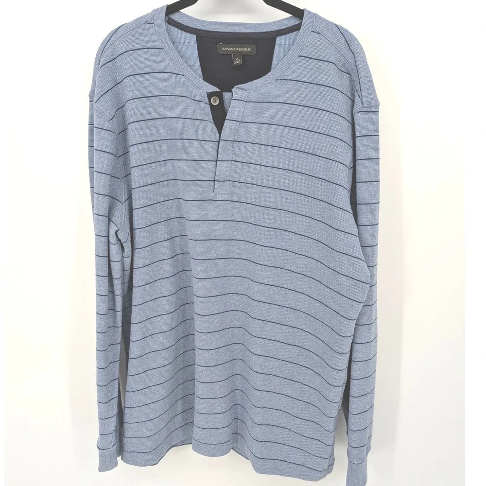 Banana Republic Y2K Henley Men XL Blue Striped Long Sleeve Waffle Knit Thermal